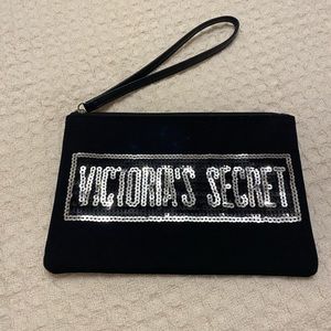 Victoria Secret Black Silver sequin pouch purse travel cosmetic bag